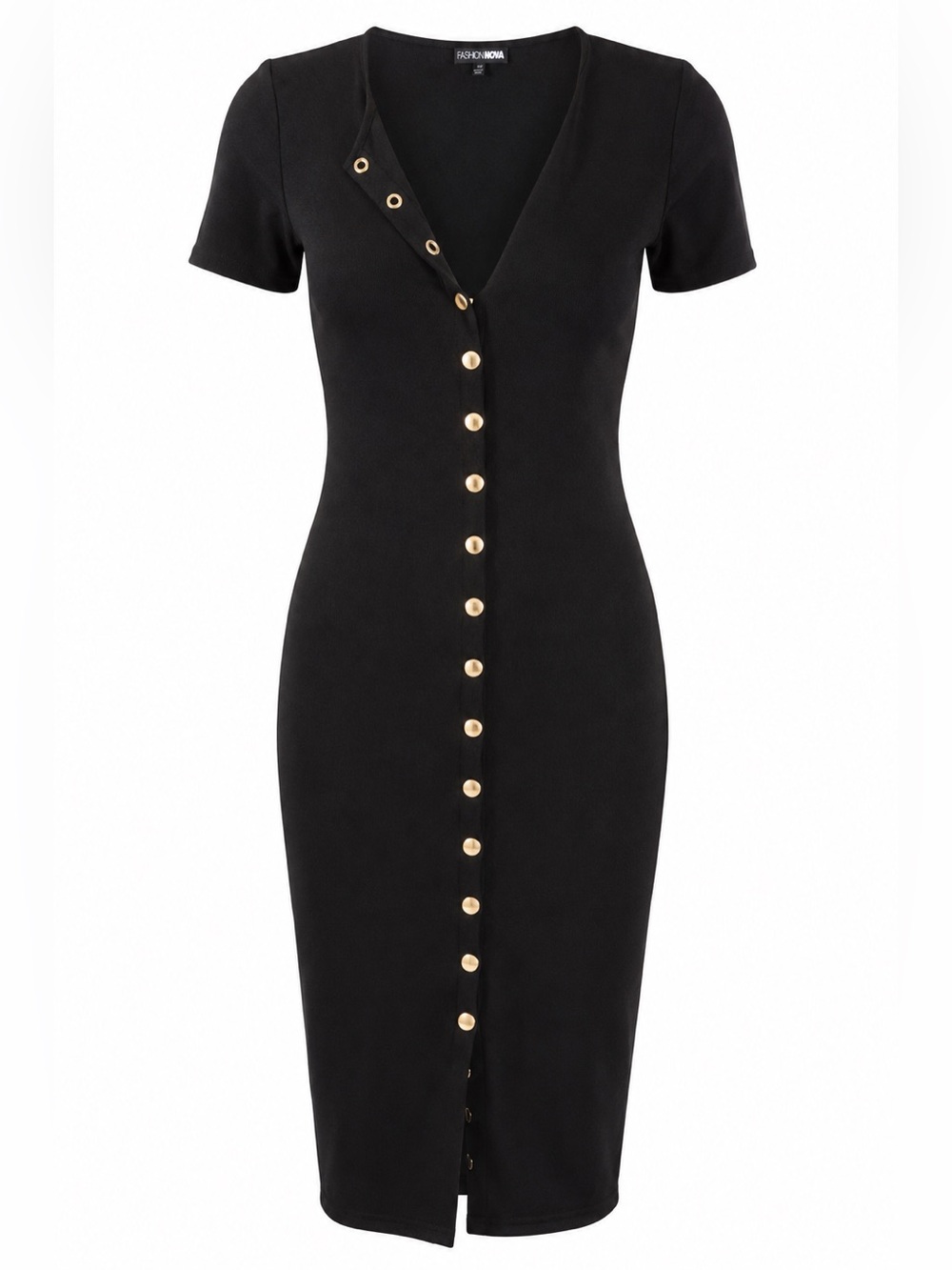 Fashion Nova Black Midi Dress with Gold Buttons